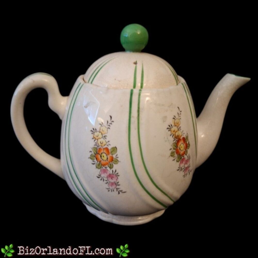 VINTAGE: Handpainted Multicolor Floral Green Swirl Stripes Ceramic Teapot Japan